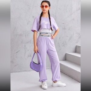 SHEIN Teen Girls Letter Graphic Tank Top & Tee & Jogger Pants- Purple